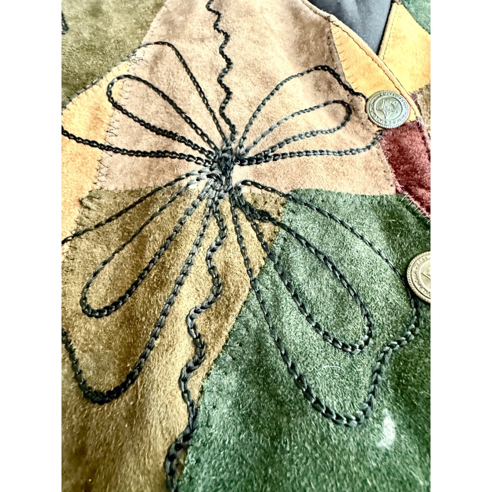 AJNY Vintage Patchwork Leather Boho Vest Med Floral Suede Earth Tone 90s Retro - Picture 12 of 14